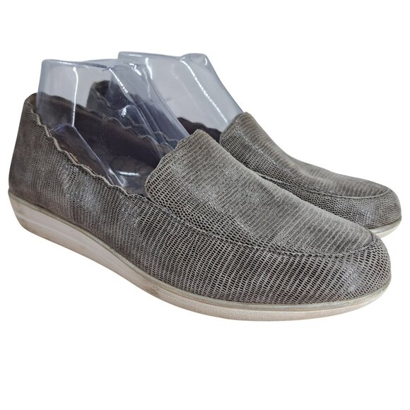 Aetrex Christie Wedge Leather Loafers Size 39 US 8.5 Taupe Gray Slip On Reptile - Picture 1 of 13
